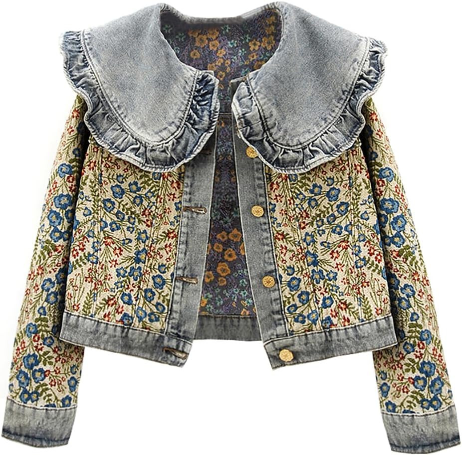 Women’s Sweet Peter Pan Collar Long Sleeve Jacquard Denim Jacket | Amazon (US)