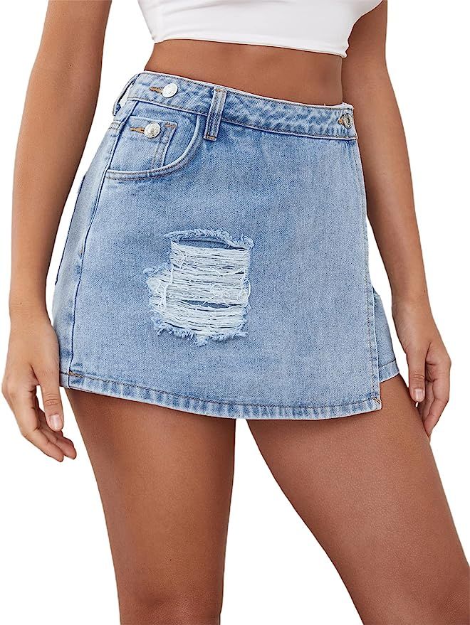 Floerns Women's Ripped High Waist Asymmetrical Hem Denim Skorts Skirts | Amazon (US)