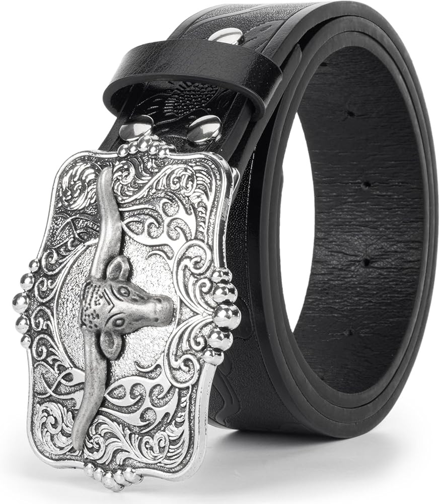 Western Cowboy PU Leather Belt - Men Waist Strap Bull Decoration Floral Engraved for Jeans 25" to... | Amazon (US)