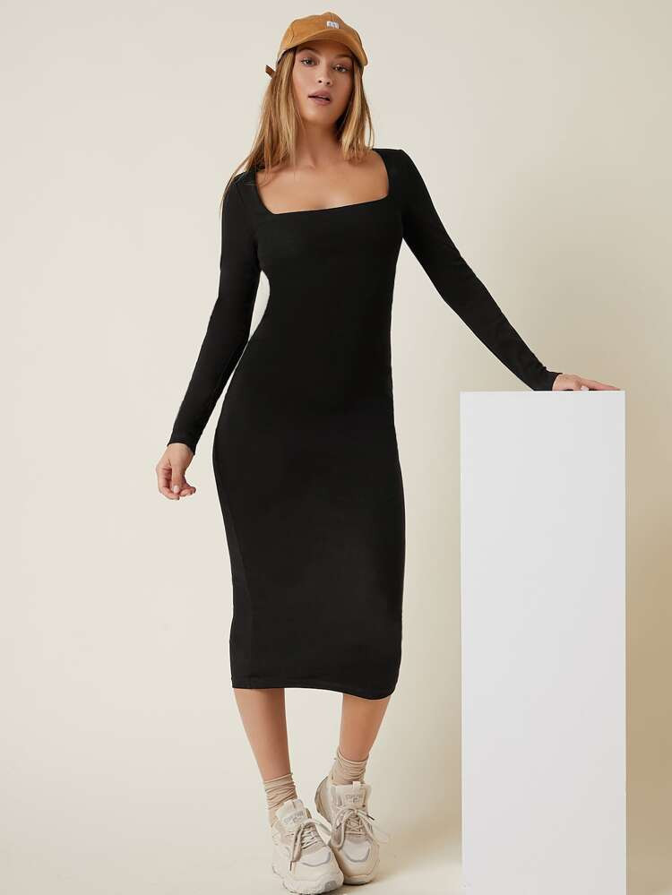 SHEIN BASICS Cotton Square Neck Bodycon Dress | SHEIN