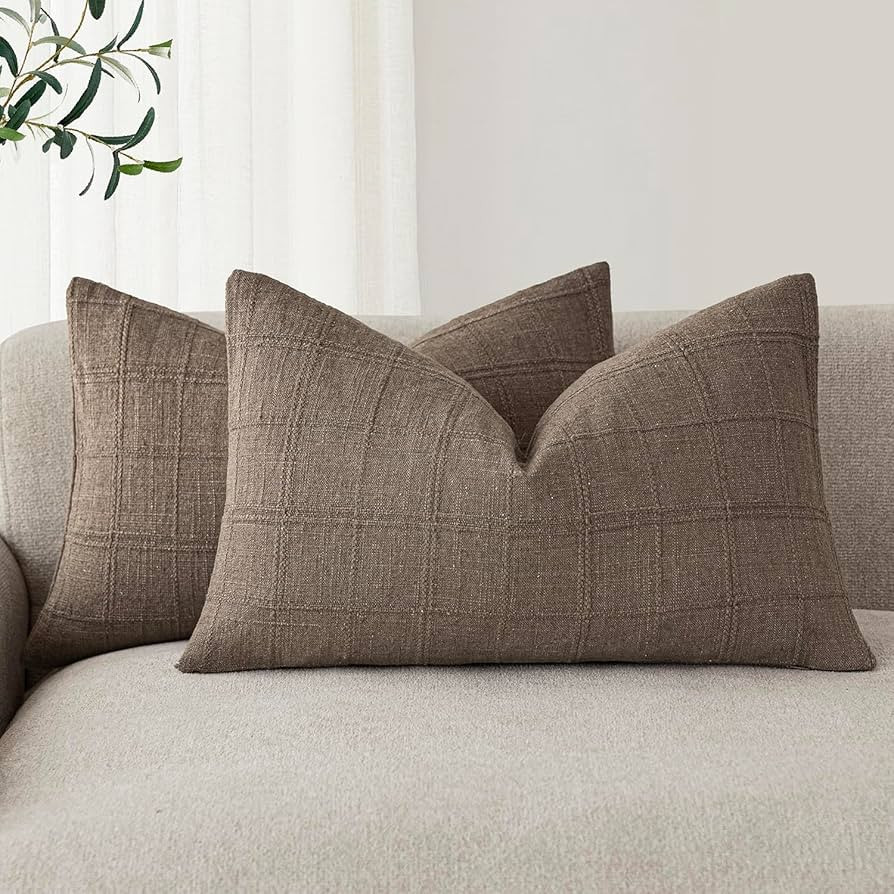 Foindtower Set of 2 Decorative Linen Check Throw Pillow Covers Neutral Farmhouse Lumbar Cushion C... | Amazon (CA)
