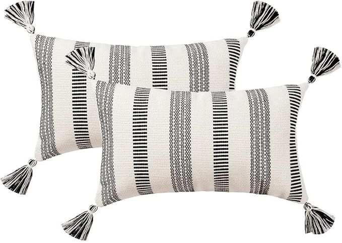 Decorative Lumbar Black White Throw Pillows Cover Set, Modern Striped Boho Farmhouse Pillow Cover... | Amazon (US)