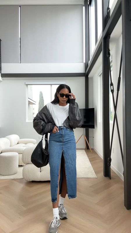 Elevated Casual Outfit for Spring | denim skirt, Jean skirt, maxi skirt, new balance, leather bomber jacket, everyday style, minimal style, neutral style 

#LTKstyletip #LTKshoecrush