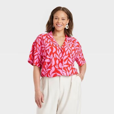 Women's Crepe Short Sleeve Button-Down Shirt - A New Day™ Pink/Red Leaf 3X | Target