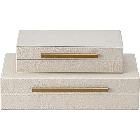 Set of 2 Beige Shagreen Decorative Storage Boxes with Gold Metal Handles – Faux Leather Jewelry... | Amazon (US)