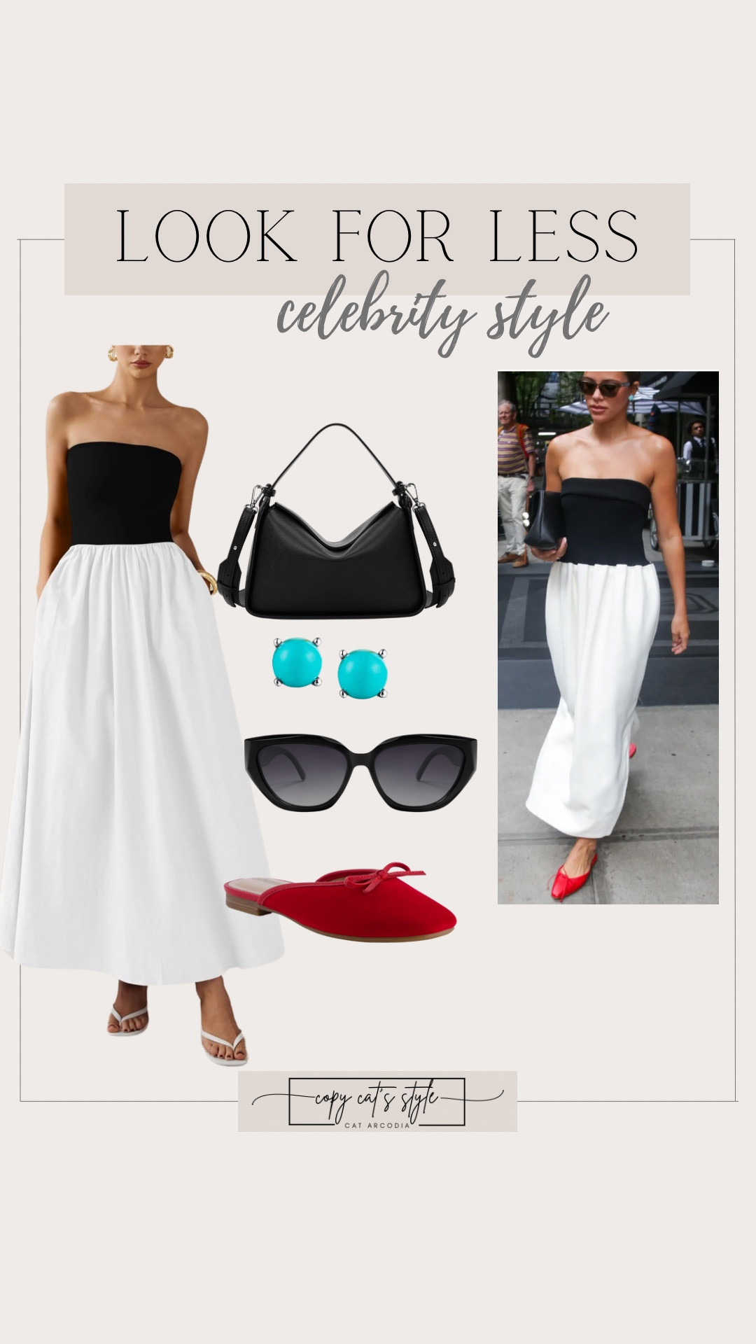 Look for less on celebrity style!  Amazon look for less finds. Amazon strapless maxi dress, Amazon bags, open back mules, accessories. 

#LTKStyleTip #LTKFindsUnder50
