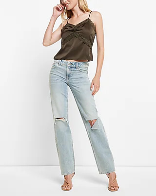 Low Rise Light Wash Ripped Modern Straight Jeans | Express