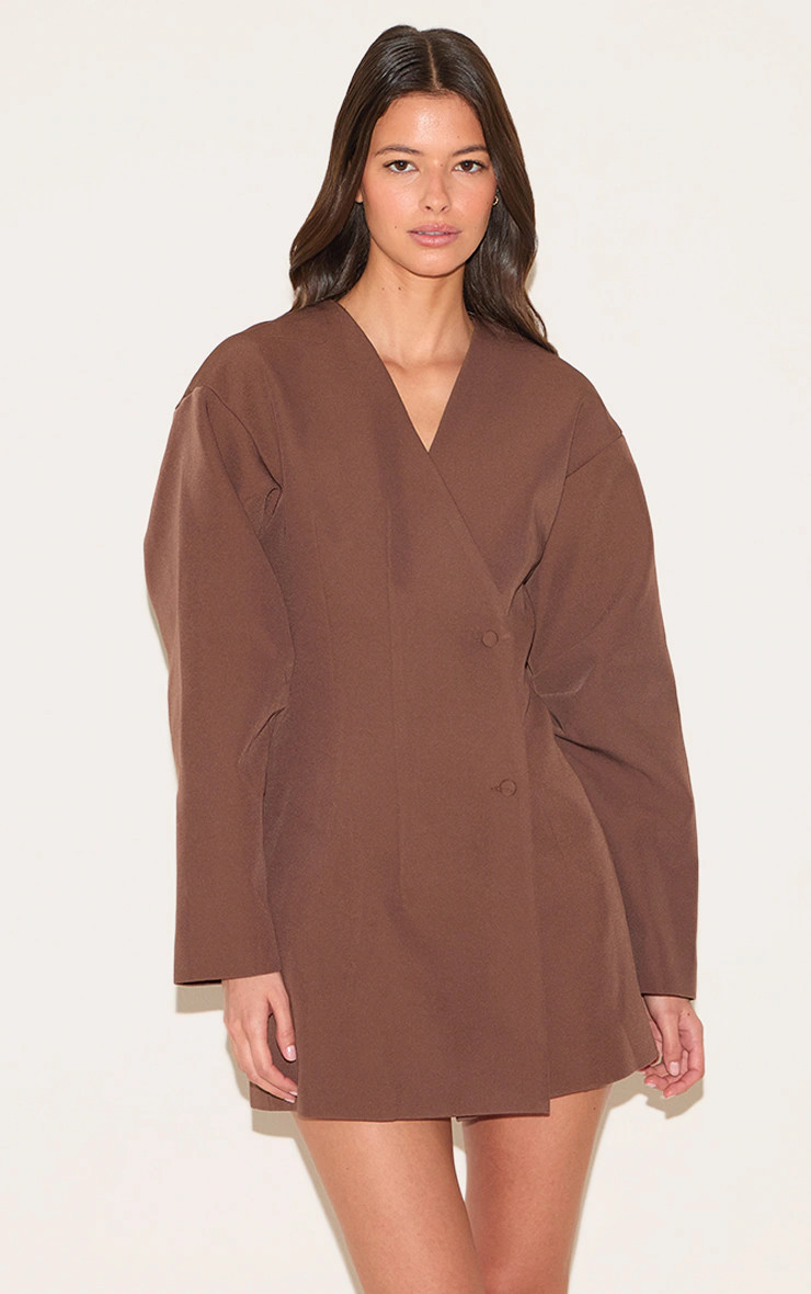 Tan Woven Balloon Sleeve Blazer Dress | PrettyLittleThing IE