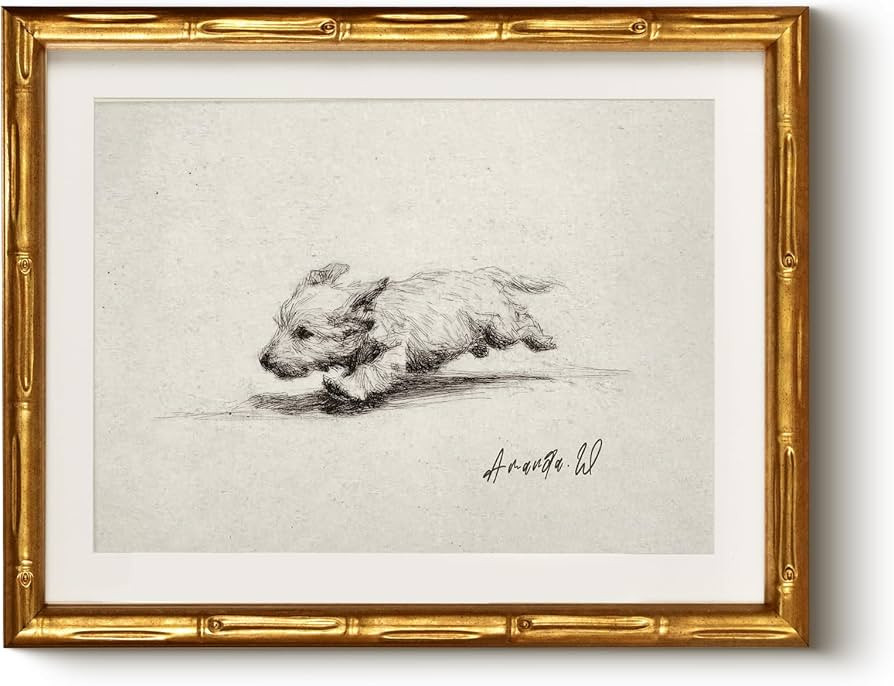HUARCEY Vintage Dog Sketch Gold Framed Wall Art 11x14, The Puppy Running at Full Speed Canvas Pri... | Amazon (US)