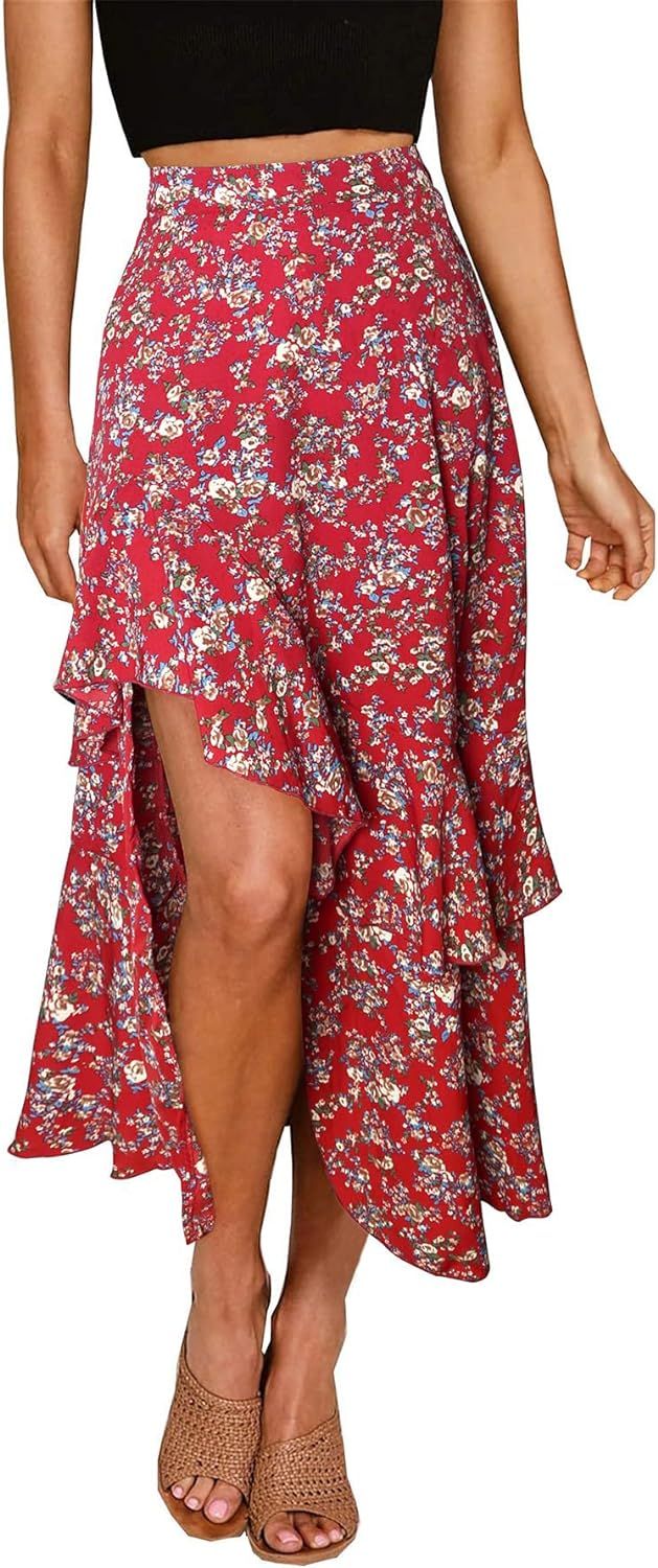 BTFBM Women Boho Floral Print Long Skirts Dress Chic High Low Side Split Ruffle Hem Elastic Waist... | Amazon (US)