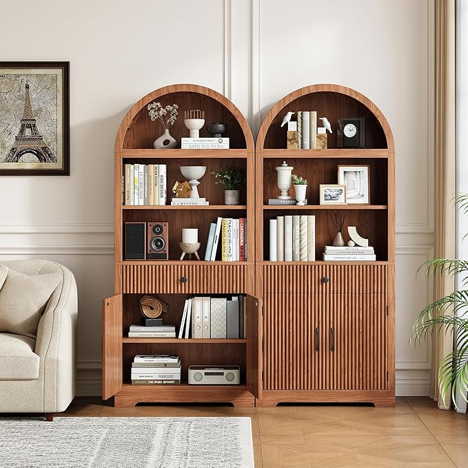 70.86 Tall Arched Bookshelf, 5-Tier Wooden Storage Cabinet with Drawers, Modern Farmhouse Kitchen... | Amazon (US)