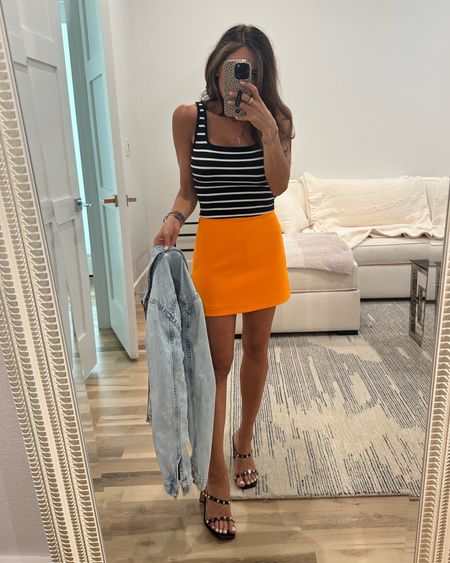 Orange mini skirt xxs striped tank xxs denim jacket summer vacation outfit 

#LTKfindsunder100 #LTKfindsunder50 #LTKsalealert