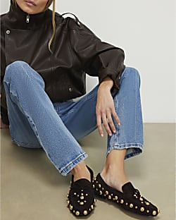 Brown Faux Suede Studded Loafers | River Island UK & IE