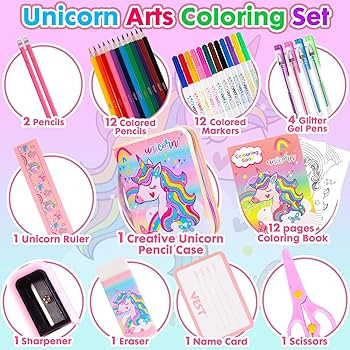 Unicorn Markers Set with Glitter Pencil Case & Stationery, Art Supplies for Kids Ages 4-6-8, Arts... | Amazon (US)