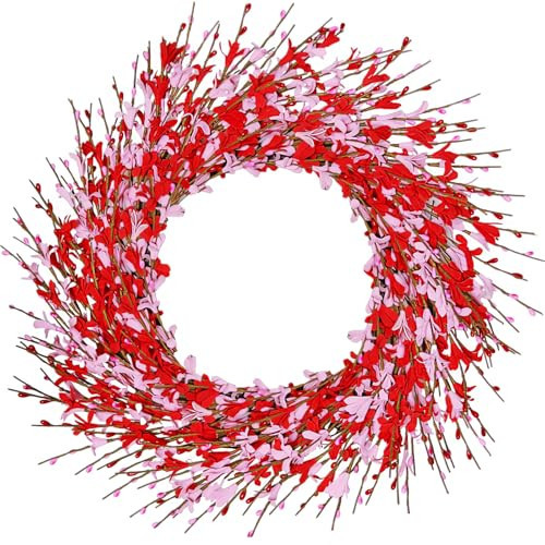 Valentines Day Wreath, 20in Valentines Wreaths for Front Door Outside, Valentine’s Day Wreath Decorations Décor Outdoor Indoor with Red and Pink Forsythia Heart-Shaped Wooden Sign | Amazon (US)