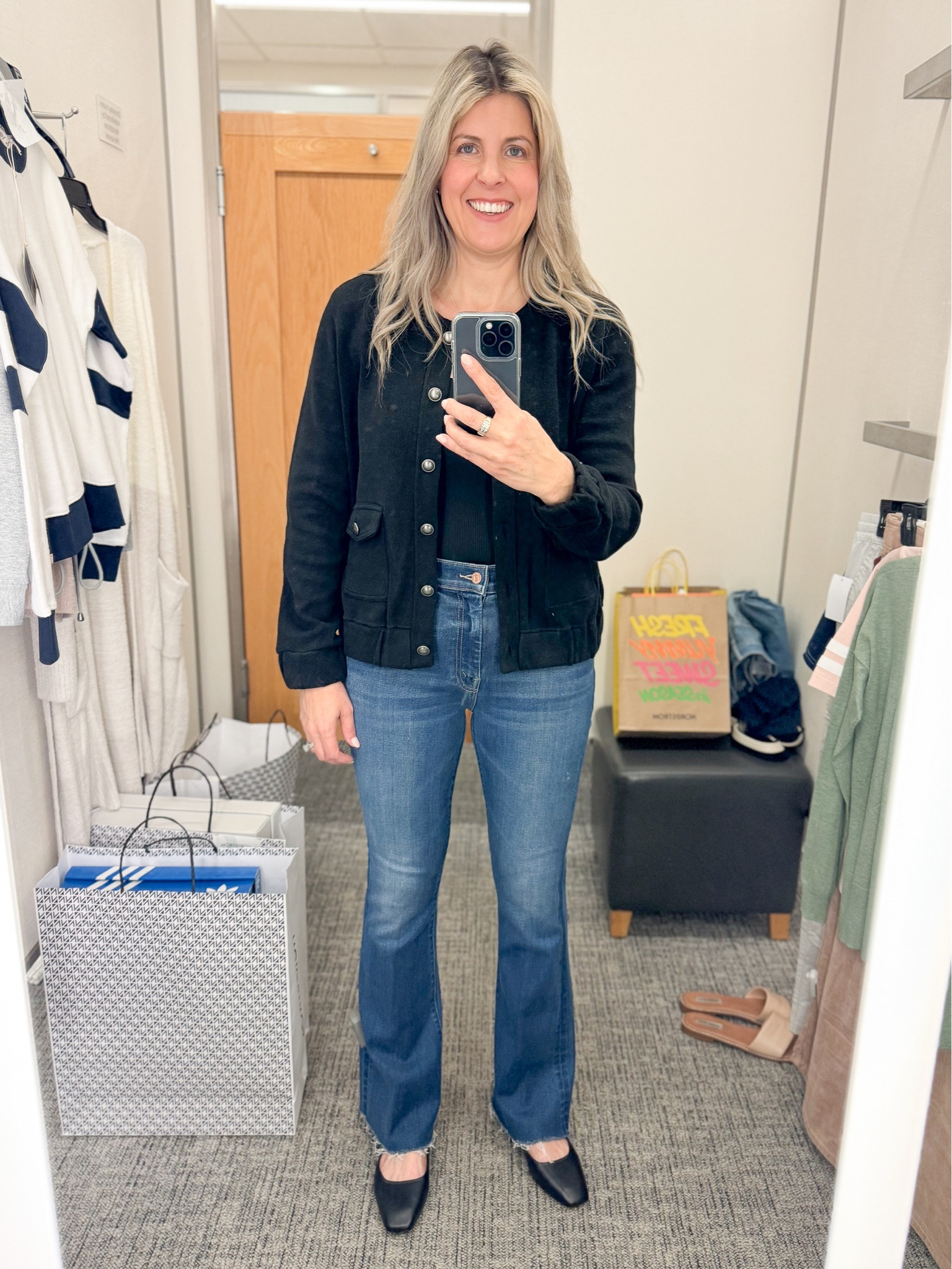 Cute fall outfit with #nsale pieces. Nic and Zoe jacket, Mother flare jeans, BP bodysuit, black ballet flats. All pieces true to size. Black jacket, cropped jacket, Mother denim 

#LTKSeasonal #LTKsalealert