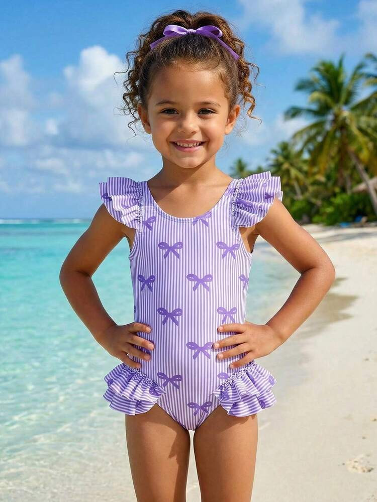 SHEIN Baby Girls Beachwear, A Cute Multi Colored Bow Printed Knitted Fabric One-Piece Swimsuit With Lotus Leaf Fly Edge, Fashionable And Casual, Exquisite And Gorgeous Ladies Suitable For Swimming, Suitable For Summer Vacation, Beach Beach, Swimming Pool, Summer Party, Leisure Vacation Purple Baby Summer Outfit Butterfly Baby Outfit Baby Ruffle Romper Baby Girl Swimsuit Purple | SHEIN