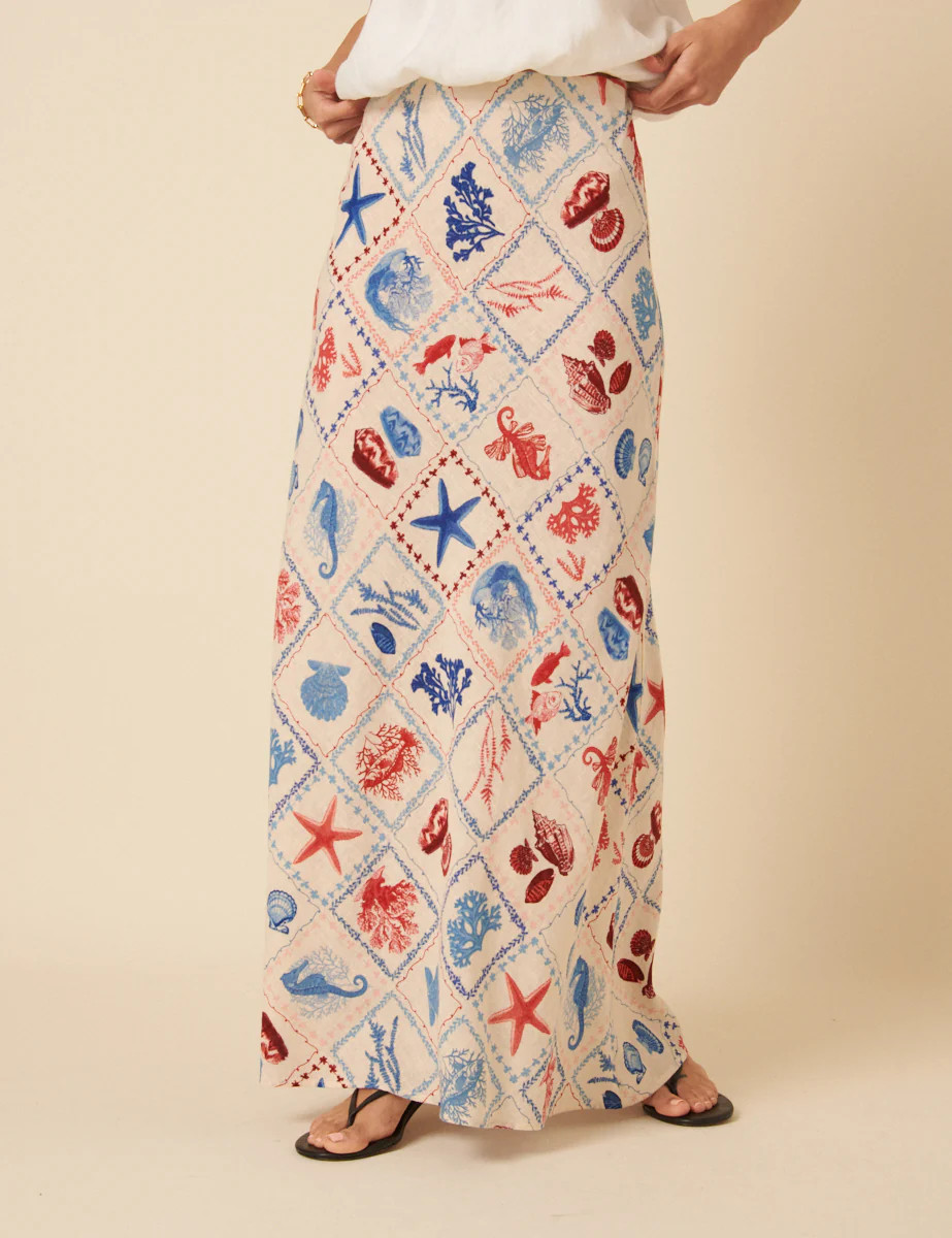 Cream Linen-blend Shell Print Mila Maxi Skirt | Nobody's Child