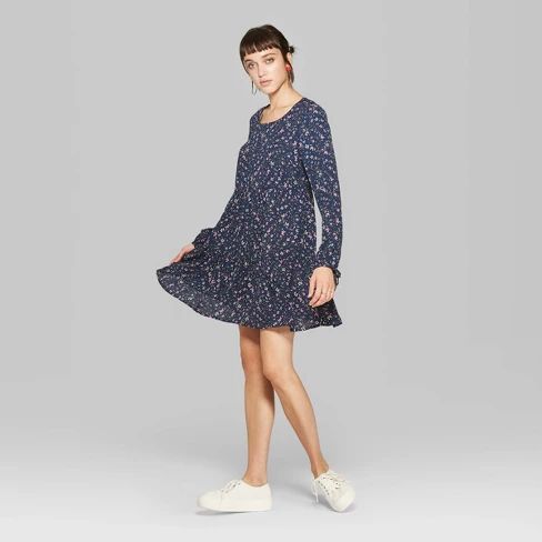 Women's Floral Print Long Sleeve Round Neck Tiered Babydoll Mini Dress - Wild Fable™ Navy | Target