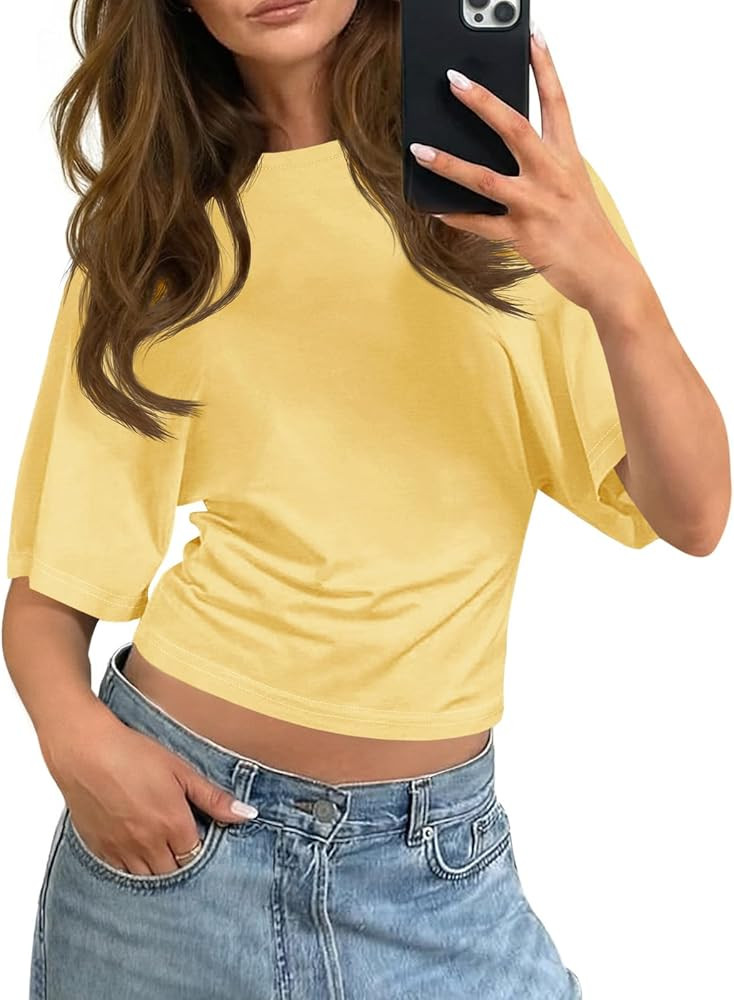 Tankaneo Womens Summer Short Sleeve Crop Tops Waisted Going Out Trendy Casual Loose Fit Basic Tee... | Amazon (US)
