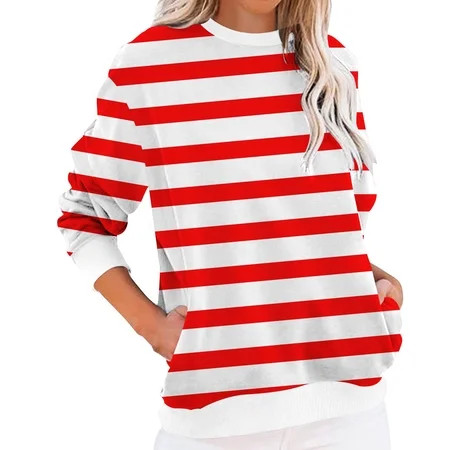 QIJIE Womens Striped Sweatshirts Loose Fit Crew Neck Long Sleeve Tops Fall Fashion Clothes Red M | Walmart (US)
