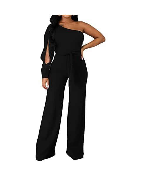 YMDUCH Women's Fall Elegant Long Sleeve Off Shoulder Wide Leg Long Pant Jumpsuits | Amazon (US)