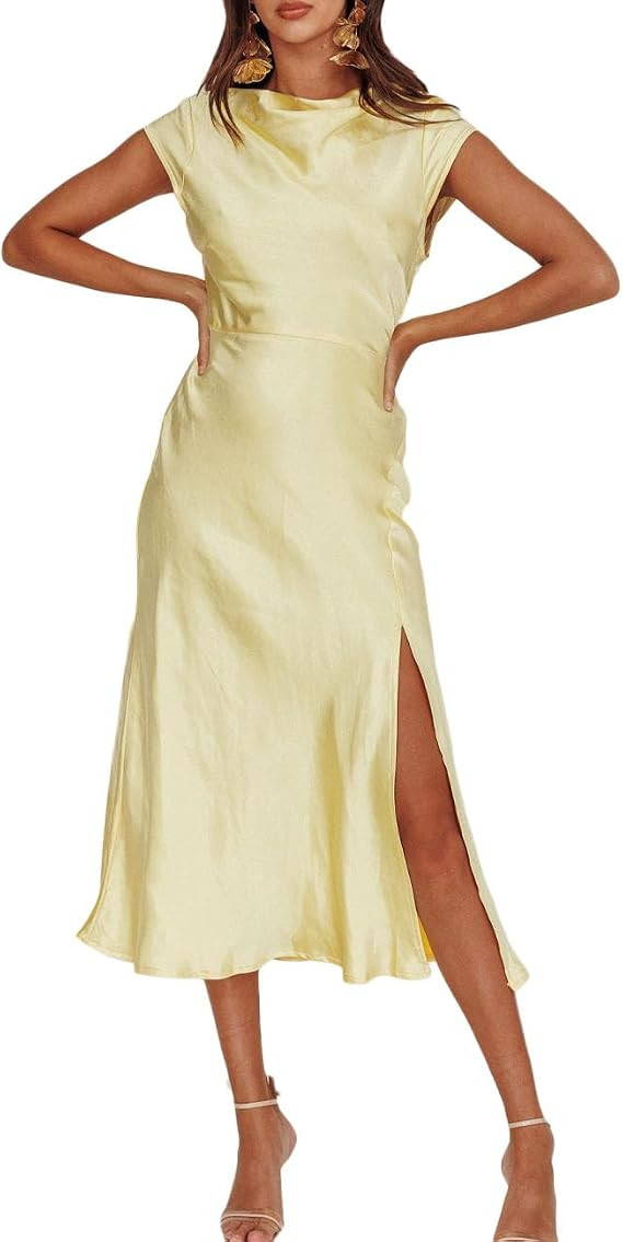 Women's Summer Satin Elegance Backless Twist Cap Sleeves Midi Dress 2023 Sexy Cowl Neck Slit Cock... | Amazon (US)
