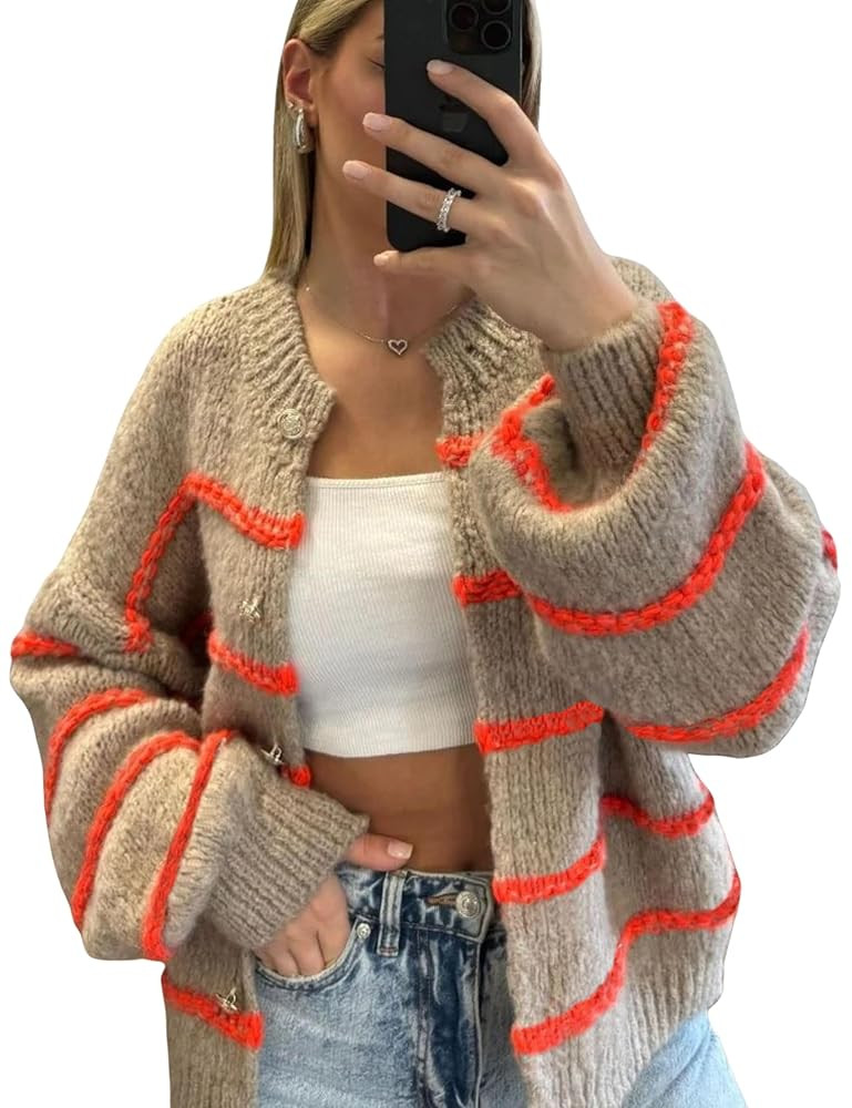 QIBABU Womens Striped Cardigan Sweaters Casual Open Front Long Sleeve Button Down Knit Outwear | Amazon (US)