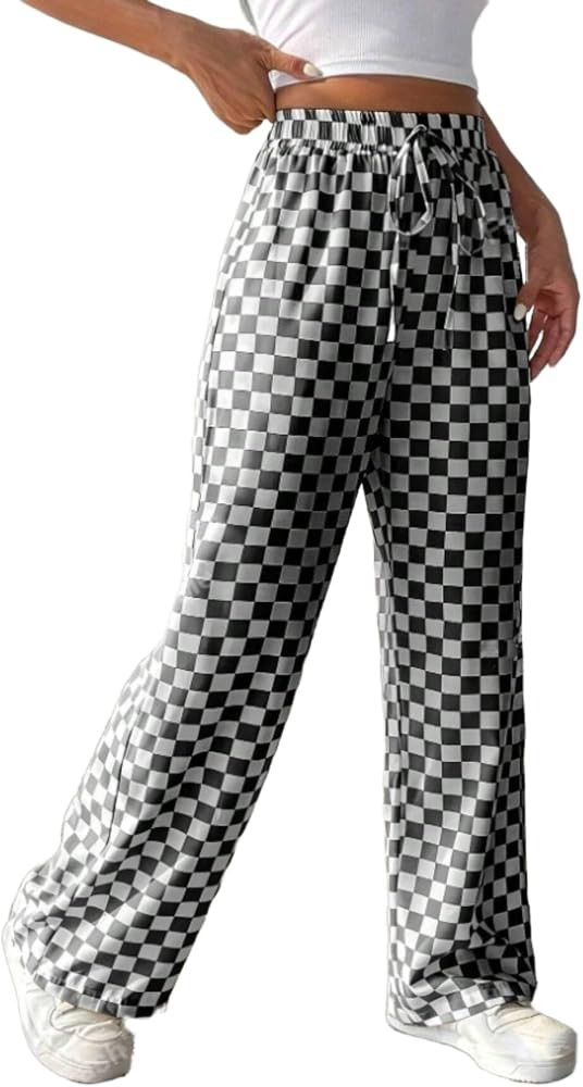 Women's Casual Checkered Pants Drawstring Elastic Waist Comfy Loose Straight Wide Leg Plaid Pants... | Amazon (US)