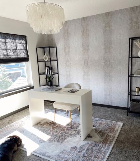 Shop my home office! Home office design, chandelier, capiz shell light, glass bookshelf, metal bookshelf, Anthropologie desk, boucle accent chair, area rug, removable peel and stick wallpaper, work from home 

#LTKstyletip #LTKhome