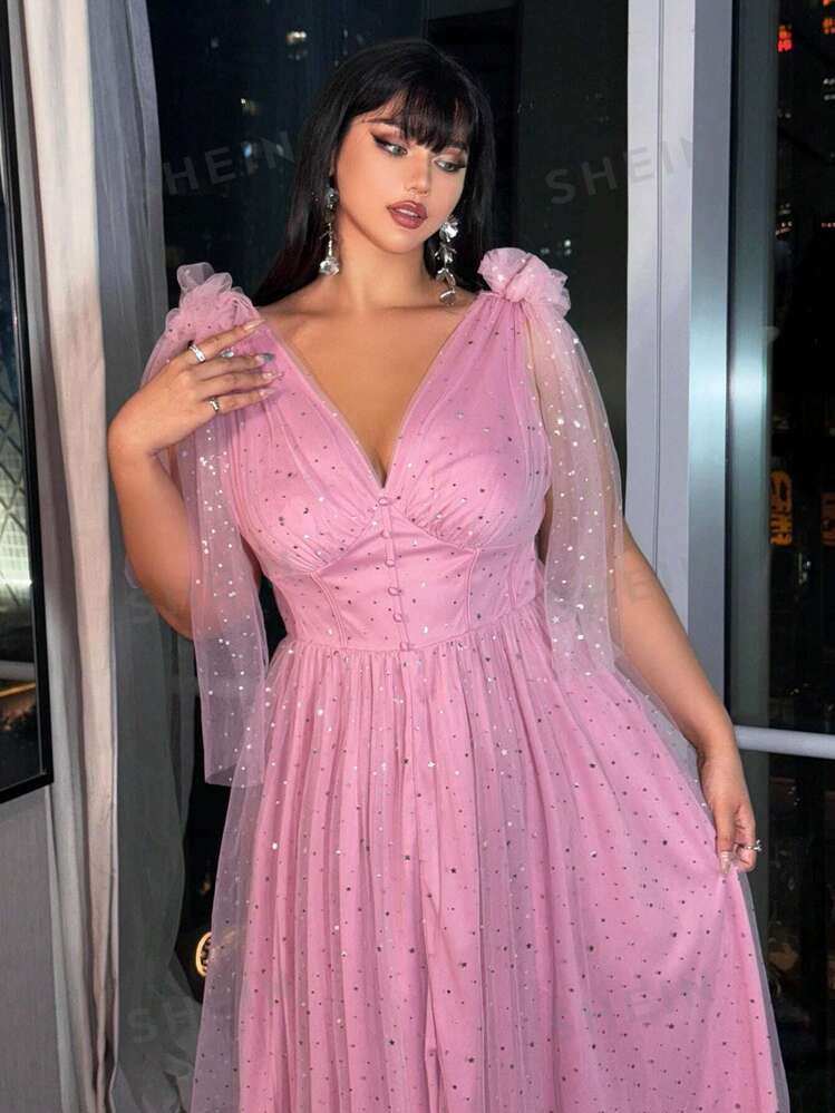 SHEIN Belle Plus Size Women Pink Starry Mesh Strap Elegant Vintage Style Sweet Dress | SHEIN