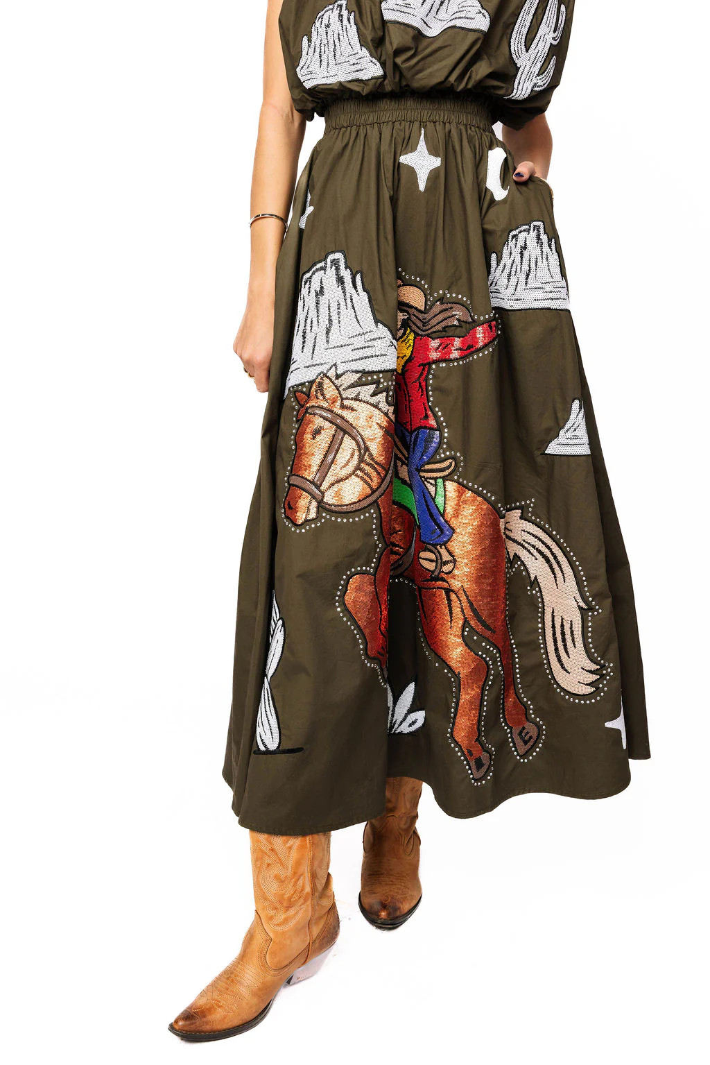 Dark Green & Ivory Western Icon Cotton Midi Skirt | Queen of Sparkles