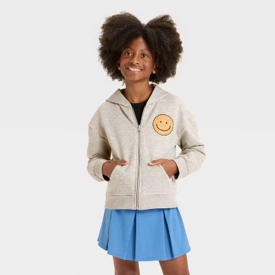 Girls' Zip-Up Smiley Fleece Hooded Sweatshirt - Cat & Jack™ Heather Gray S | Target