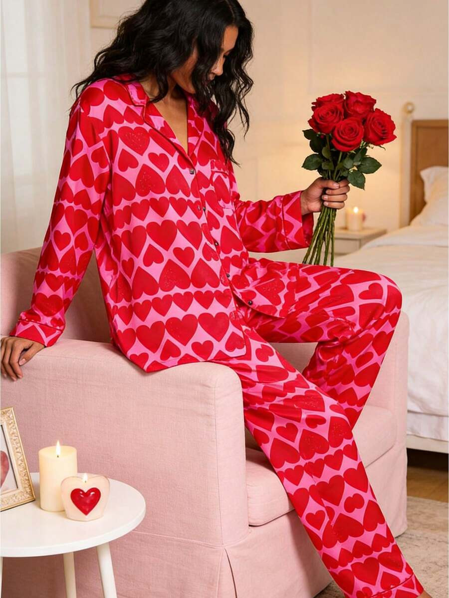Women Pajama Set, Lips/Heart Print Long Sleeve Top With Pants Sleepwear Loungewear | SHEIN