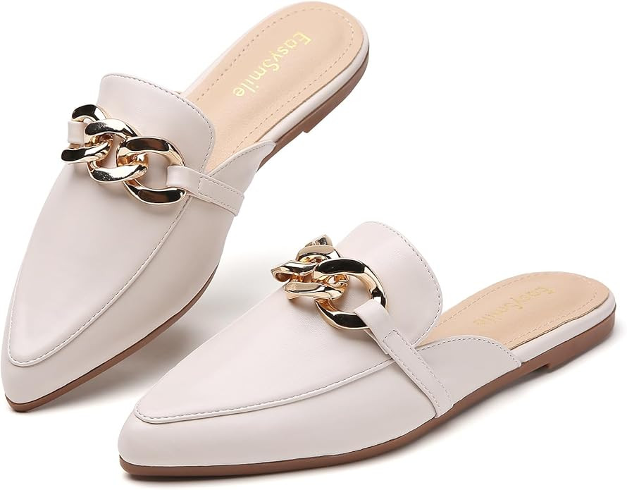 EasySmile Metal Chain Decor Flat Mules for Women Closed Pointed Toe Slip on Loafers Slides Backle... | Amazon (US)