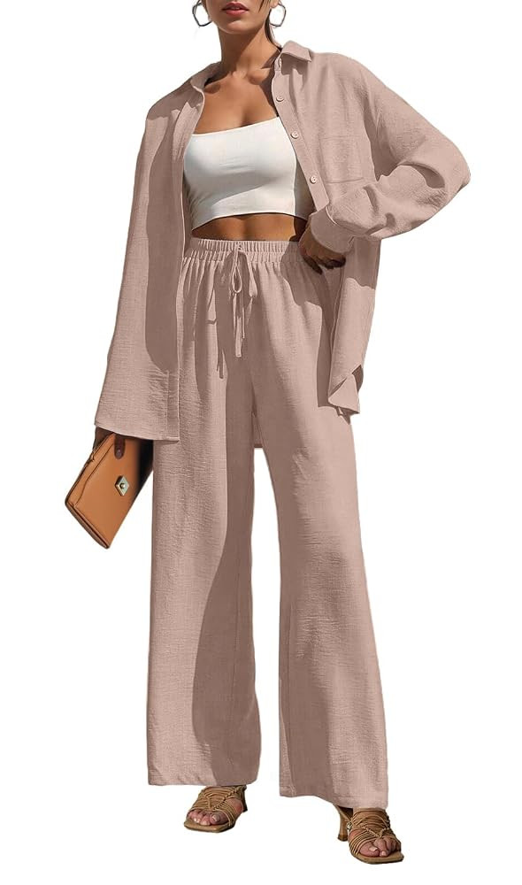 Lepunuo 2 Piece Outfits for Women Casual Lounge Sets Long Sleeve Button Down Shirts and Wide Leg ... | Amazon (US)