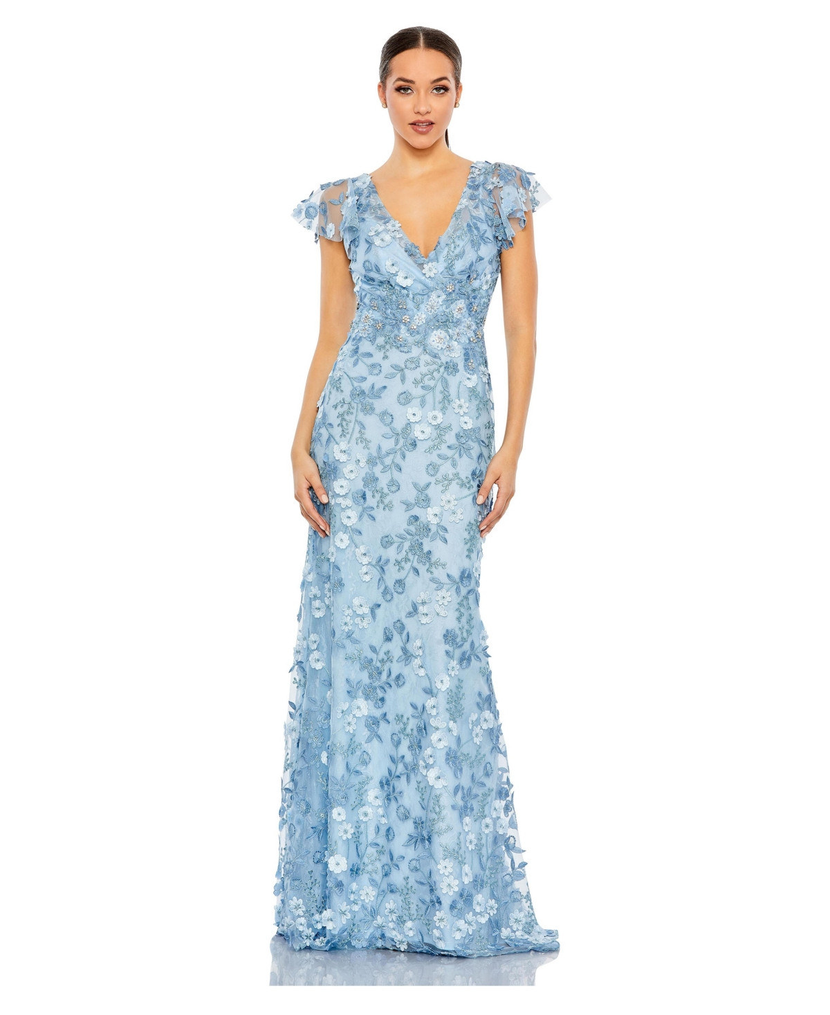 Mac Duggal Women's Embroidered Applique Wrap Over Flutter Sleeve Gown - Blue | Macy's