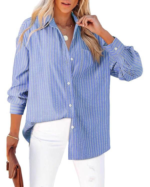 Astylish Women Blouses Oversized Striped Shirt Long Sleeve V Neck Button Down Work Tops | Amazon (US)