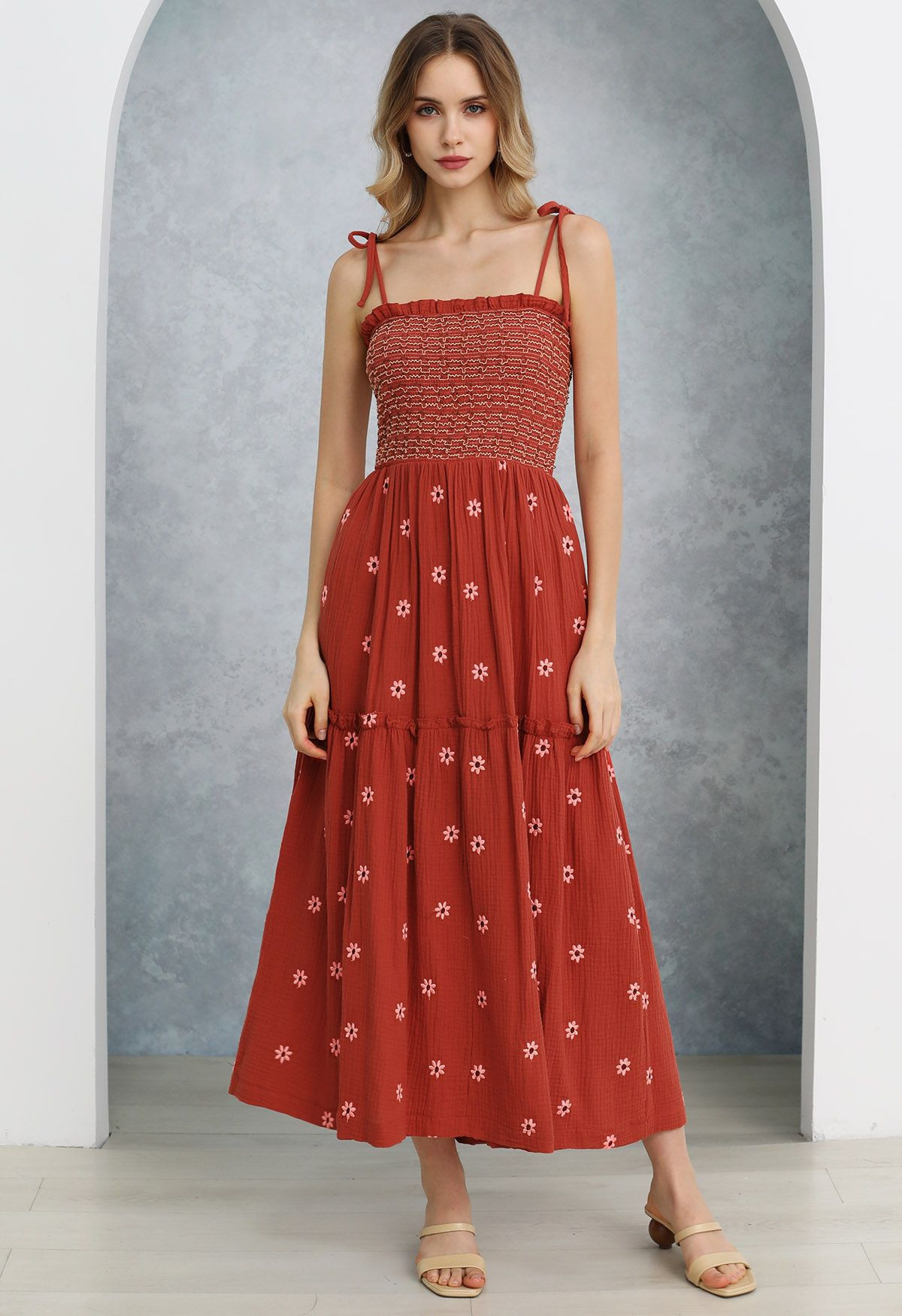 Floret Embroidery Tie-Shoulder Shirred Dress in Orange | Chicwish