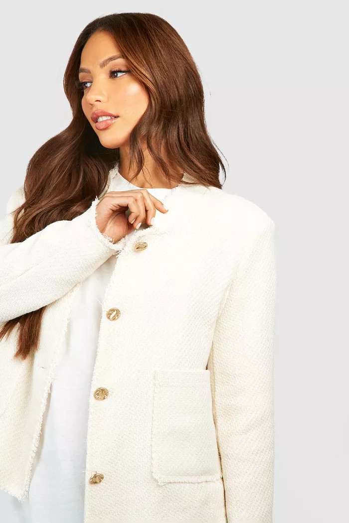 Tall Boucle Shoulder Pad Frayed Detail Jacket | Boohoo.com (UK & IE)