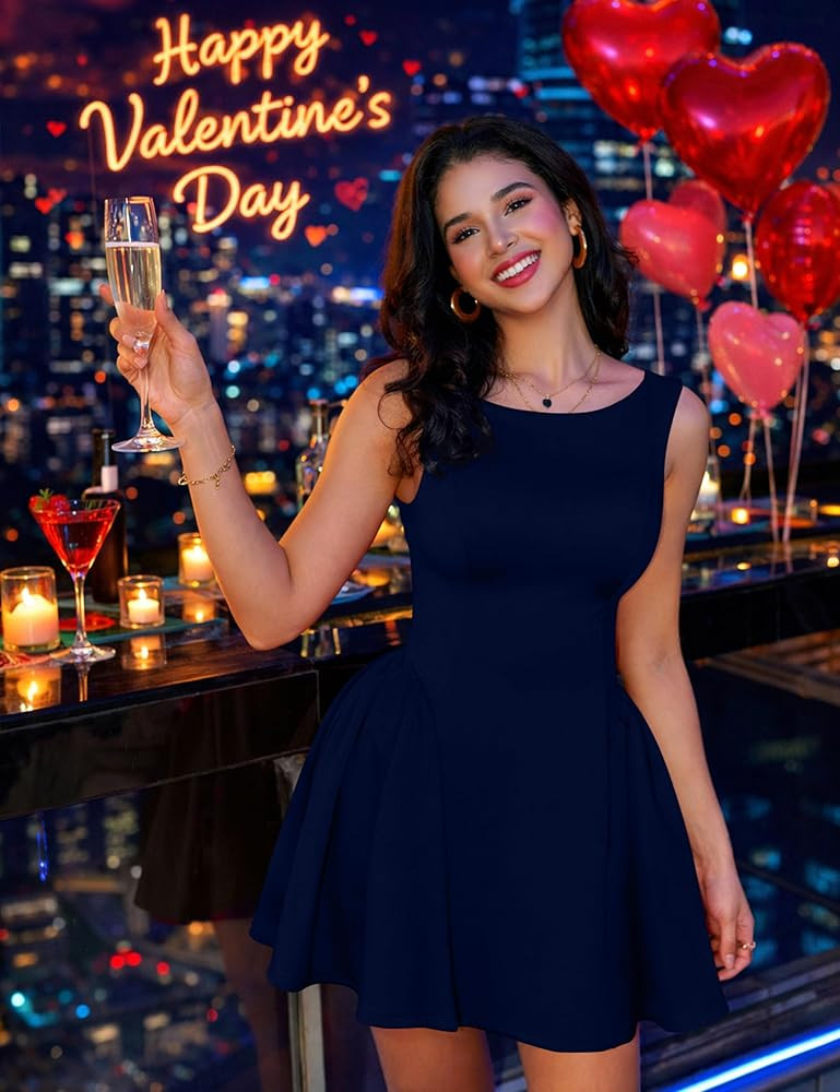 YMDUCH Women's Summer Sleeveless Crew Neck Backless A-line Mini Party Prom Dress | Amazon (US)