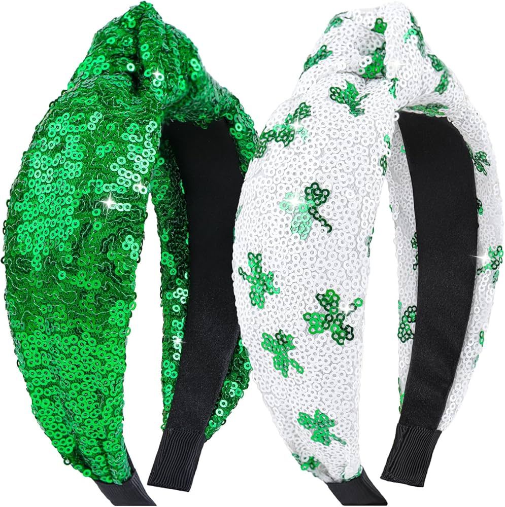 St. Patrick's Day Knot Headbands for Women Clover Sequins Headbands Wide Glitter Green Hairbands ... | Amazon (US)