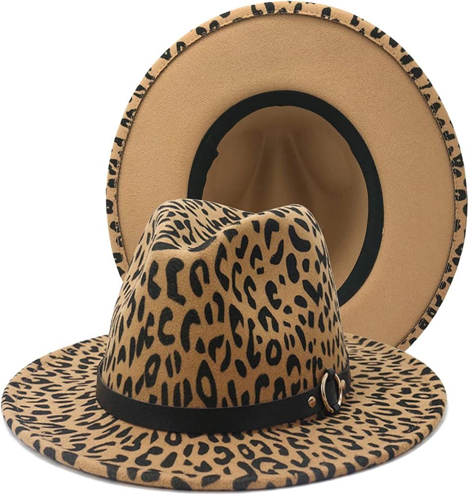 Women's Wide Brim Felt Fedora Panama Hat with Leopard Belt Buckle | Amazon (US)