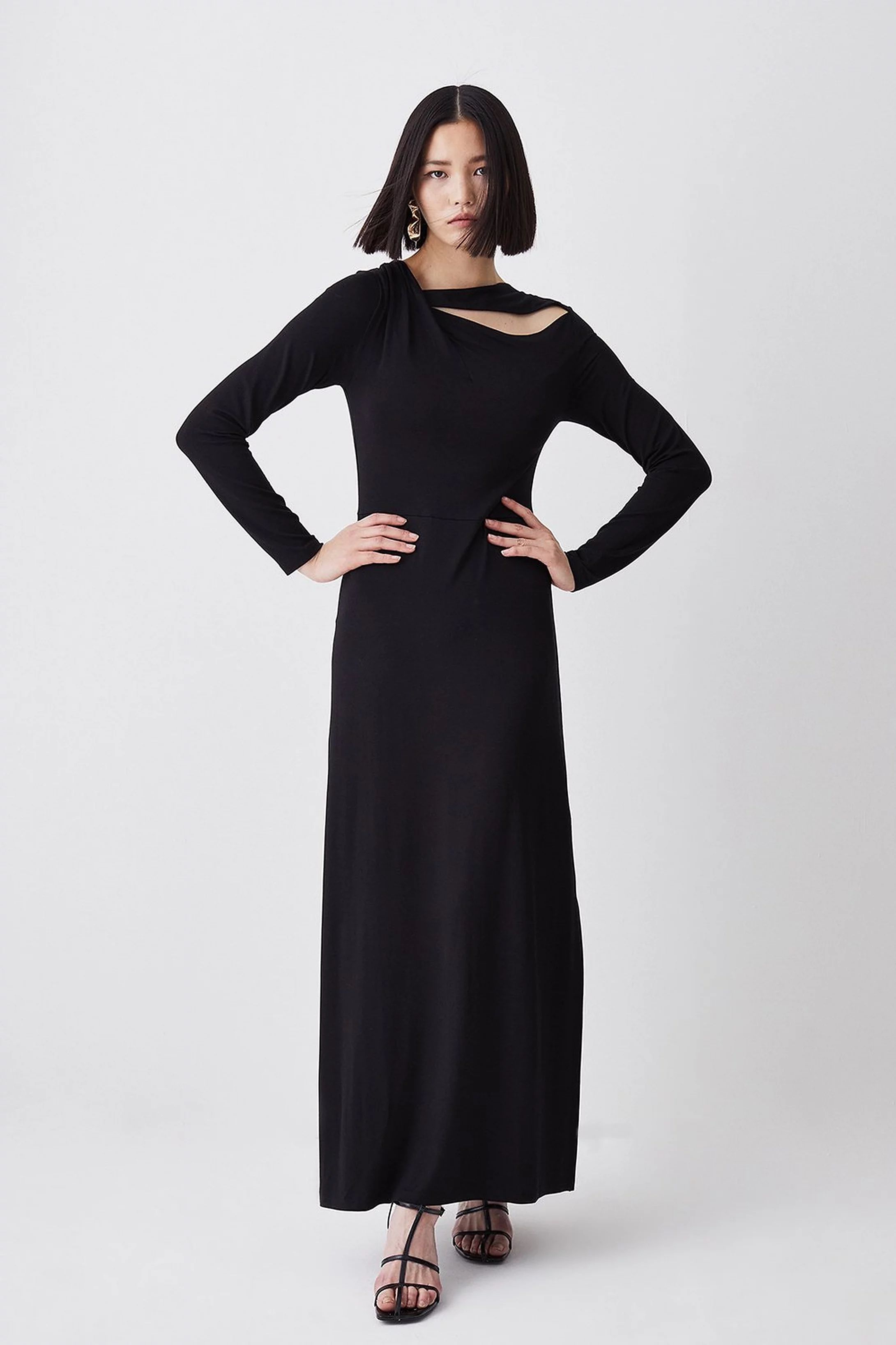 Long Sleeve Side Split Viscose Blend Jersey Midaxi Dress | Karen Millen UK + IE + DE + NL