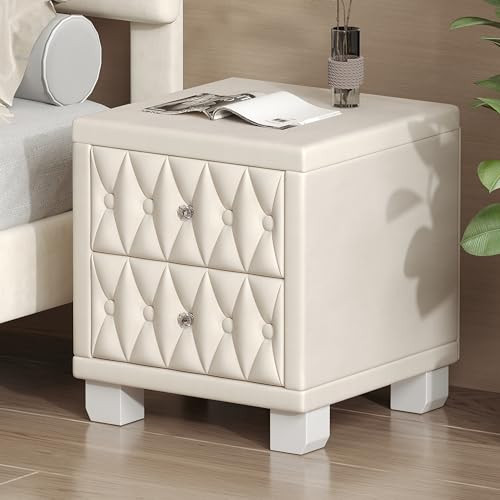 Elegant Velvet Nightstand with 2 Drawers and Crystal Handle, Storage Bedside Table with Button-Tufted, Modern End Table for Bedroom Living Room (Beige-vl) | Amazon (US)