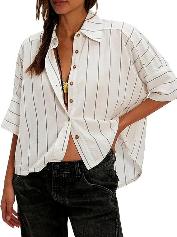 Lumister Womens Striped Oversized Cotton Button Down Shirt Short Sleeves Casual Collared Boyfrien... | Amazon (US)