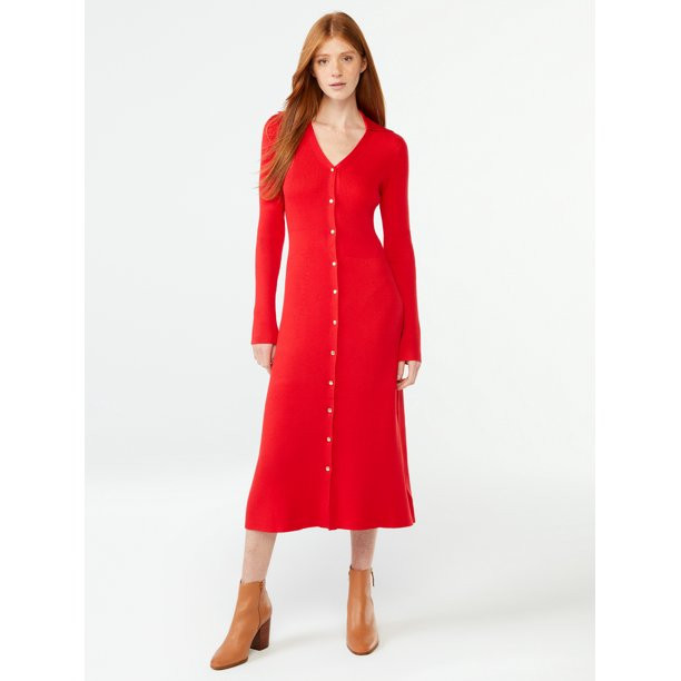 Free Assembly Women's Ribbed Sweater Midi Dress with Collar - Walmart.com | Walmart (US)