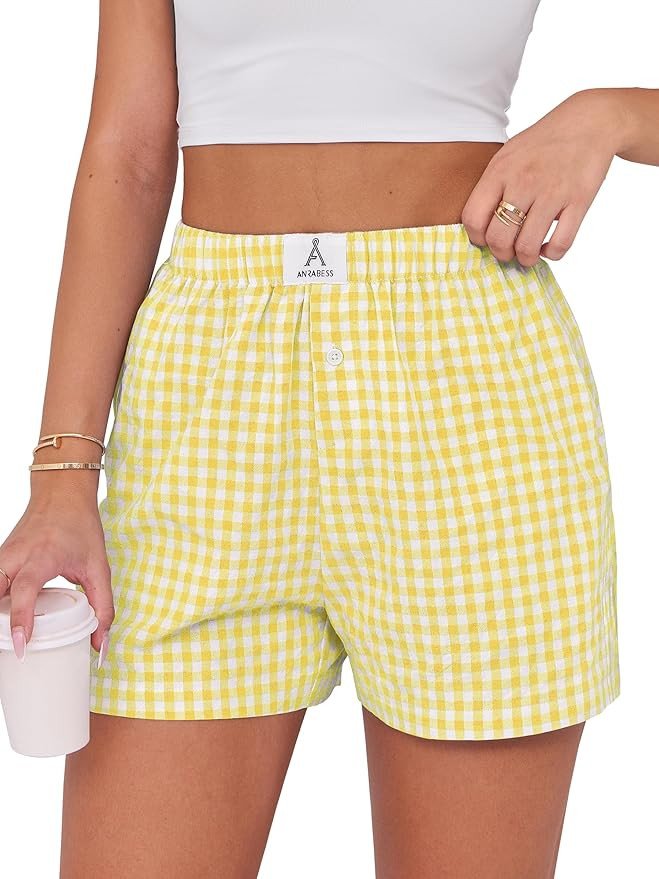 ANRABESS Boxer Shorts for Women Gingham Pajama 2025 Summer Casual Lounge Sleep Plaid Shorts Y2K B... | Amazon (US)