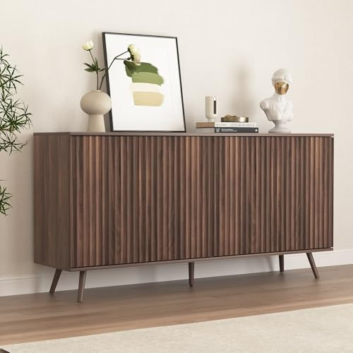 UZUGUL Fluted Walnut Sideboard Buffet Cabinet with 4 Doors and Shelves,59'' Kitchen Sideboard, Accent TV Console Storage Cabinet with Adjustable Leg,Coffee Bar Station for Living Room,Dining Room | Amazon (US)