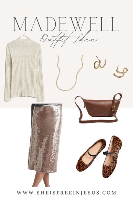 Madewell outfit idea, Christmas outfit, New Year’s Eve outfit, party outfit, holiday outfit 

Cream mock neck sweater, gold sequin midi skirt, leopard print ballet flats, gold earrings and necklace / jewelry 

#LTKstyletip #LTKSeasonal #LTKHoliday